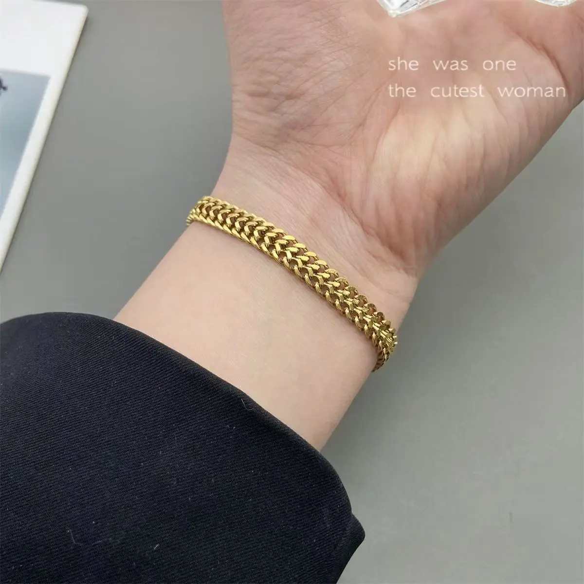 Simple Design Stainless Steel Double Spell Gold Color Thick Twist Chain Bracelet Female  Jewelry Gift