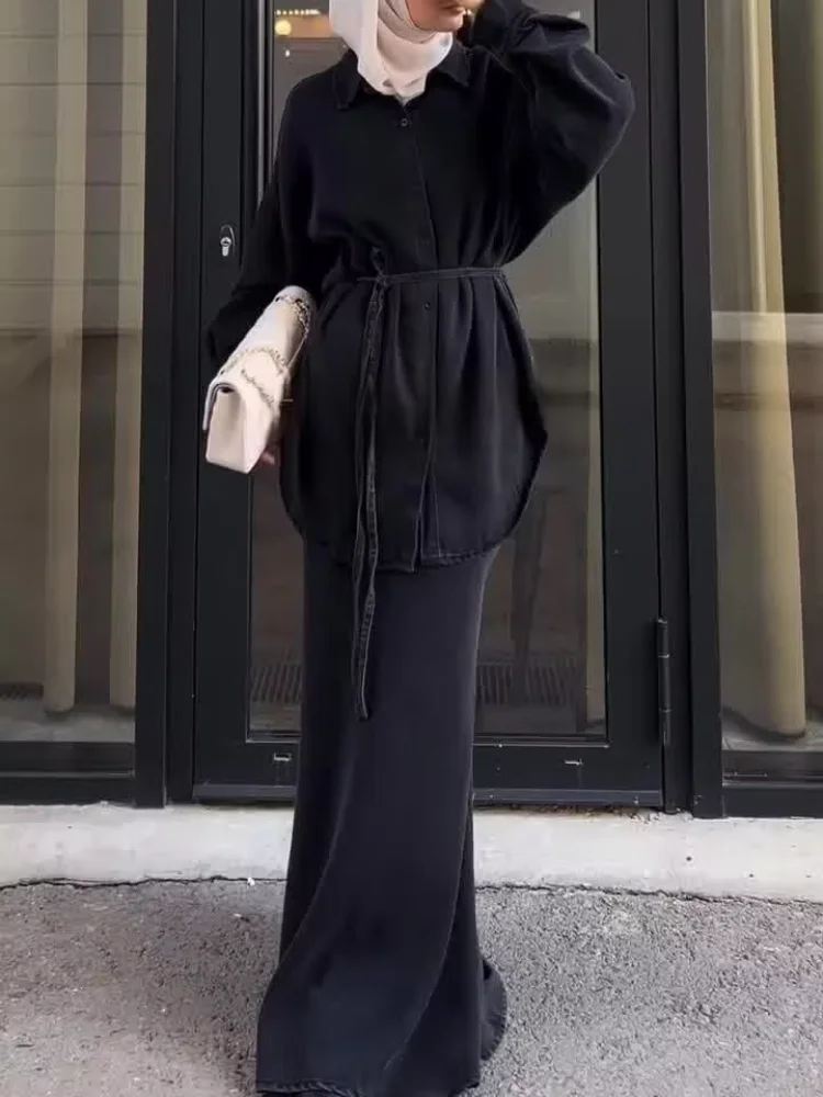 

Women Denim Long Skirt Set Casual Single Breasted Lace-up Loose Shirt Maxi Skirts Sets 2026 Fashion Lady Daily Commute Outfits