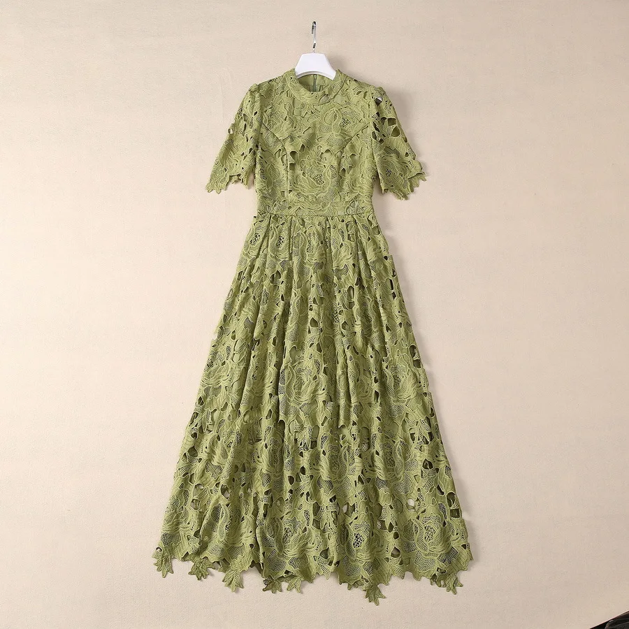 

European and American women's clothing new summer Stand collar Short sleeve hollowed-out hook flower fashion Pleated green dress