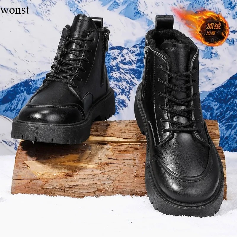 

Wonst 2025 Winter High Top Warm Men's Leather Boots Black Velvet Anti Slip Ankle Boots Thick Soled Wear-resistant Short Boots
