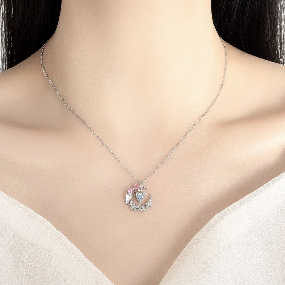 

925 Sterling Silver Sweet Exquisite Love Flower Bow Moon Pink Zircon Necklace Birthday Party Wedding Anniversary Gift