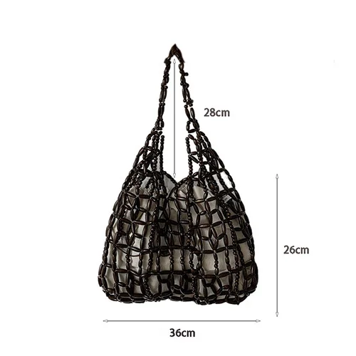 Women Woven Hand Bag Hollow-out Wooden Bead Bag Bucket Shoulder Bag Female Reticulate Netted Beach Handbag