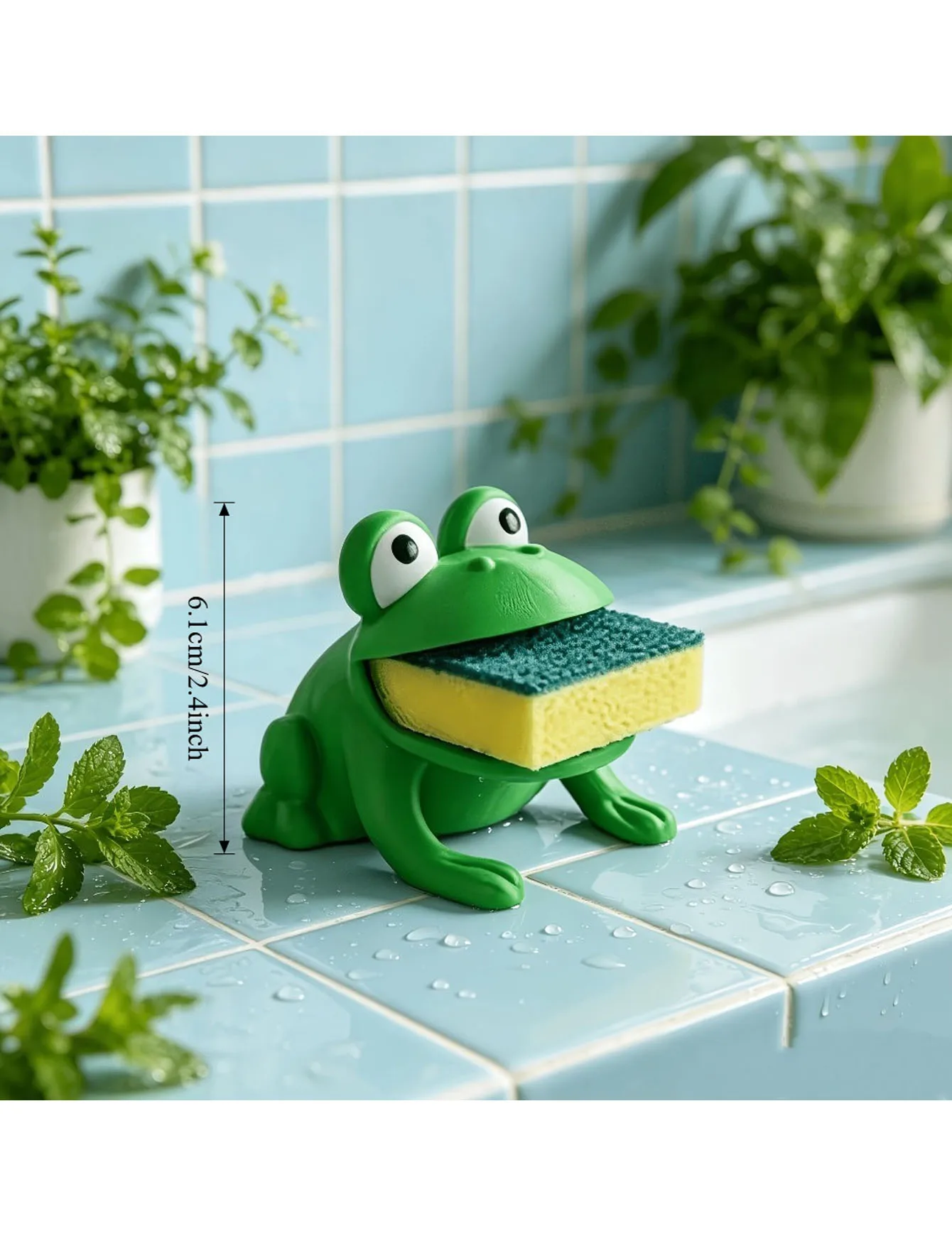 Frog-shaped sponge and dish rack with drainage system, cute frog design, suitable for countertops and dish racks