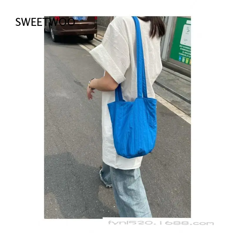Royal Blue Ruched Nylon Shoulder Bag Vertical Stripe Casual Large Tote Handbag For Women