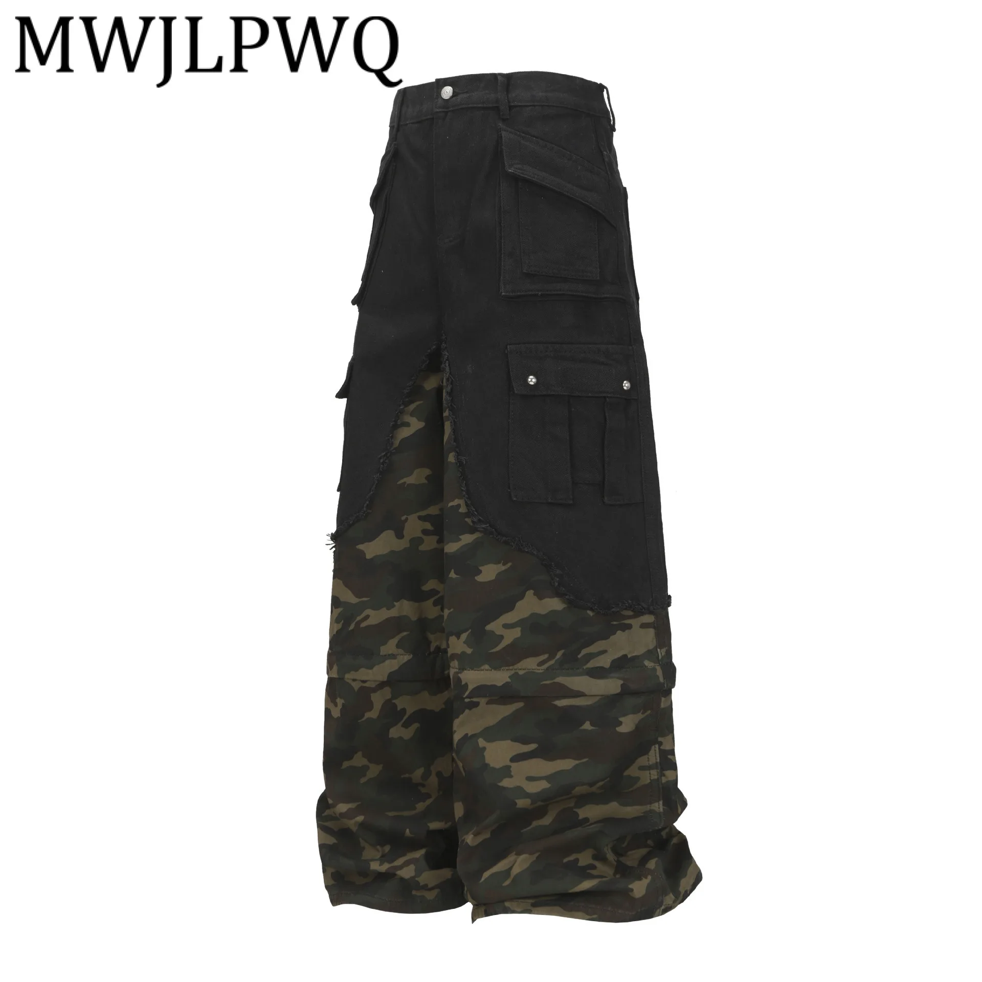 MWJLPWQ Pantalones vaqueros empalmados con borde rugoso para hombre, ropa de dos piezas falsa pesada de calle americana de otoño, pantalones largos holgados de pierna ancha 21212