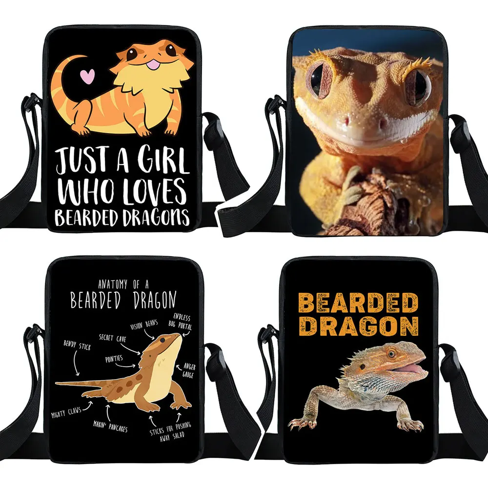 Cute Crested Gecko / Bearded Dragon Messenger Bag Pet Reptile Crossbody Bags Women Handbag Lizard Lover Shoulder Bags for Travel