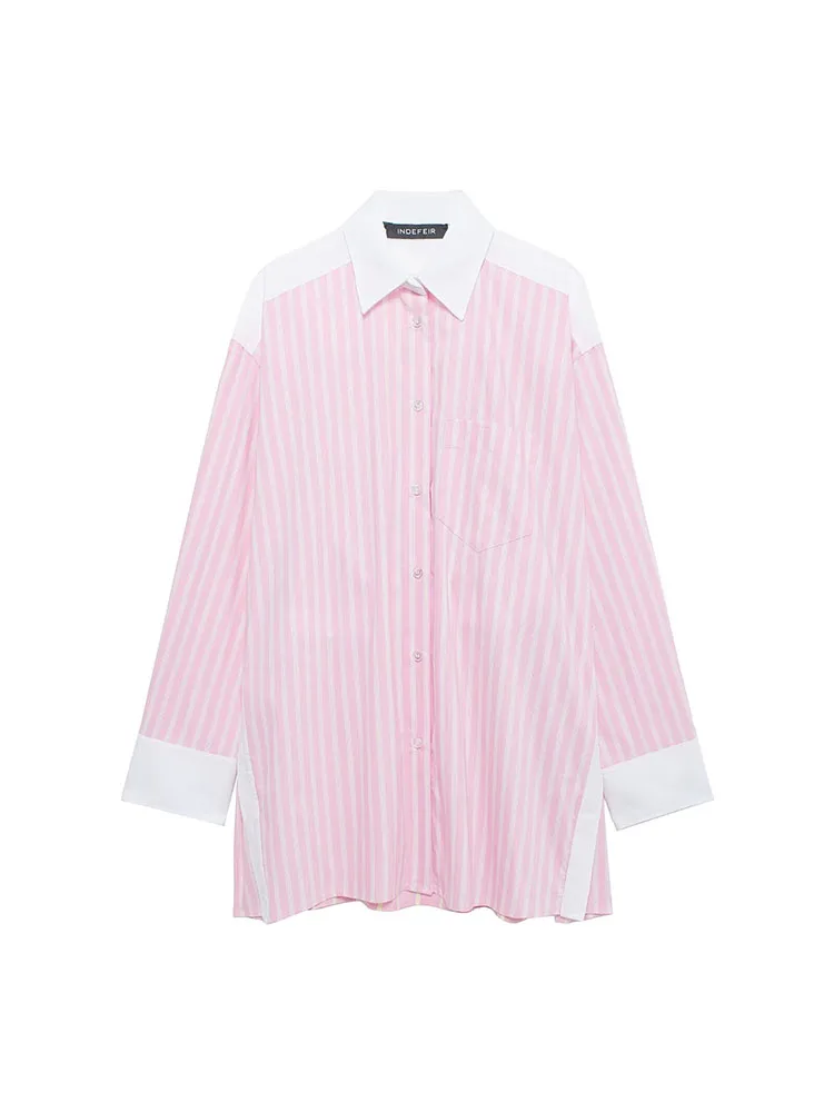 

2024 New Women's Clothing European and American Style Fashionable All-match Casual Striped Poplin Lapel Shirt Top