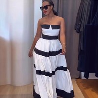 Women Fashion New Elegant Long Dress Patchwork Bowknot Strapless Sleeveless Backless High Waist Stripes Long Dress Party Female