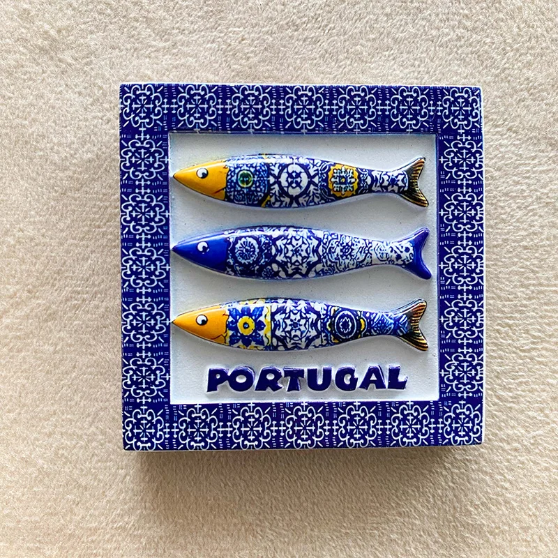 

Portugal Fridge Magnet, European Home Decor with Traditional Blue Tile & Fish Design, Cute Strong Refrigerator Accessory