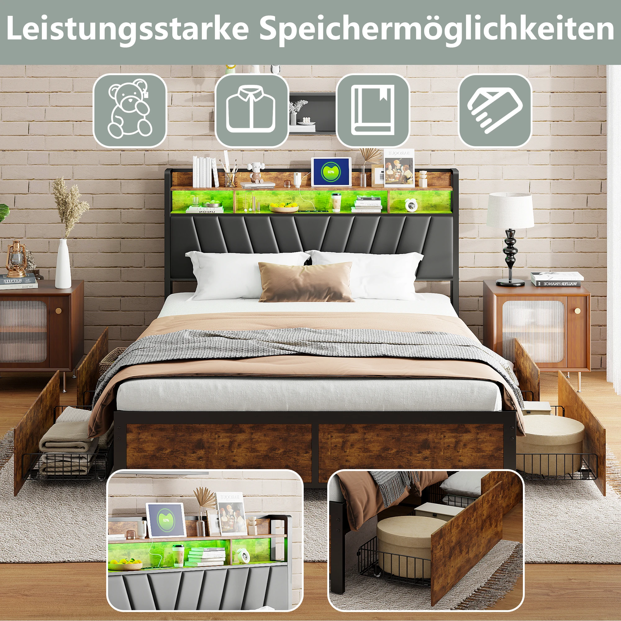 Rosahqnda Lit en métal 160 x 200 cm avec 2 tiroirs, prise USB et LED, cadre de lit avec sommier à lattes, vintage, marron noir