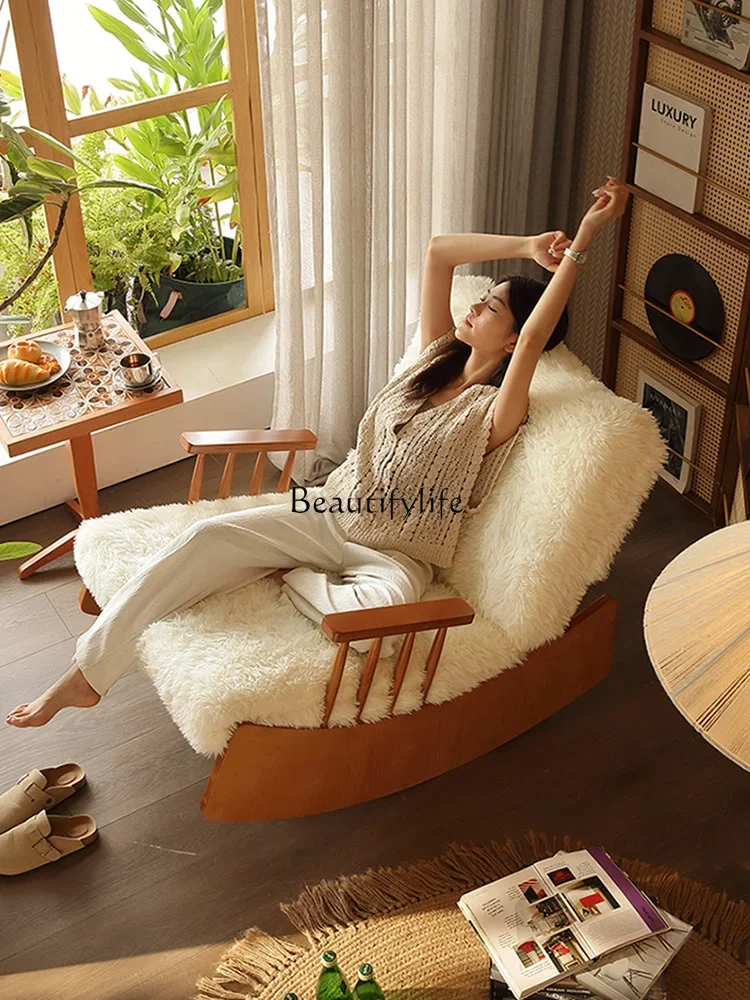 Chinese retro lamb wool original solid wood rocking recliner living room lazy sofa household utensils leisure