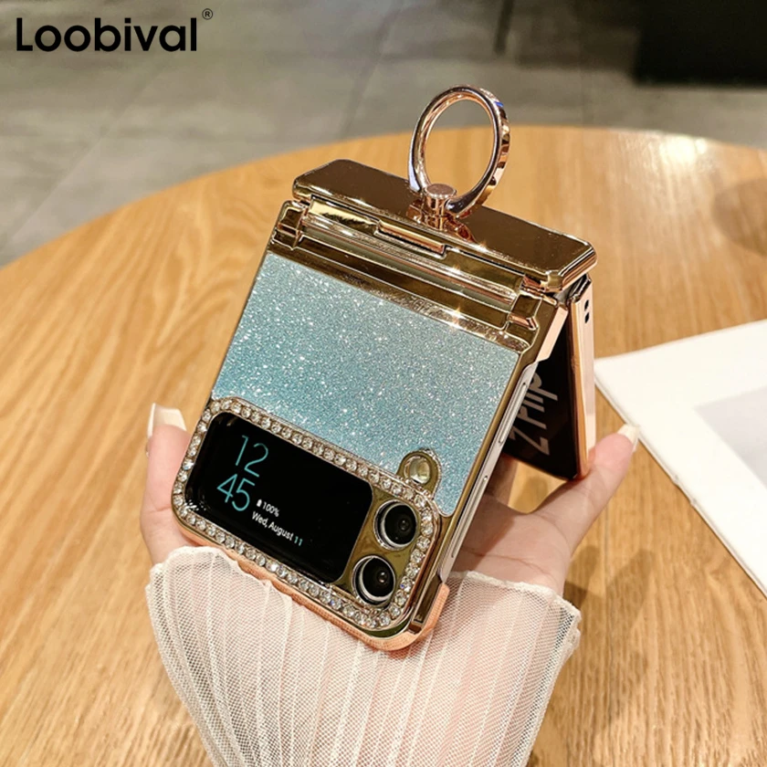 Hinge 3in1 Ring Holder Shiny Phone Case for Samsung Galaxy ZFlip 3 4 5 ZFlip6 Z Flip5 Flip3 Gradient Glitter Bling Diamond Cover