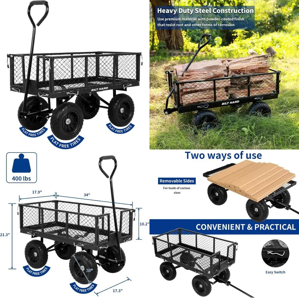 

Heavy-Duty 400 lbs Capacity Garden Cart with 10 Flat-Free Tires, Rotating Handle, Removable Sides, and 4 Cubic Feet Utility Bask