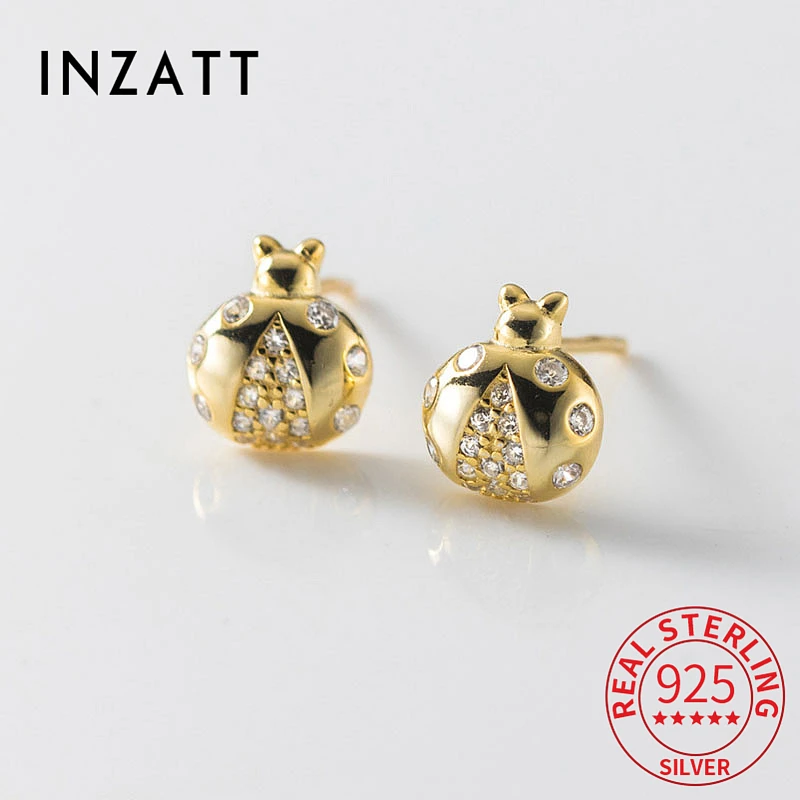 INZATT Real 925 Sterling Silver Zircon CZ 18K Ladybug Stud Earrings For Women Party Cute Fine Jewelry Insect Accessories