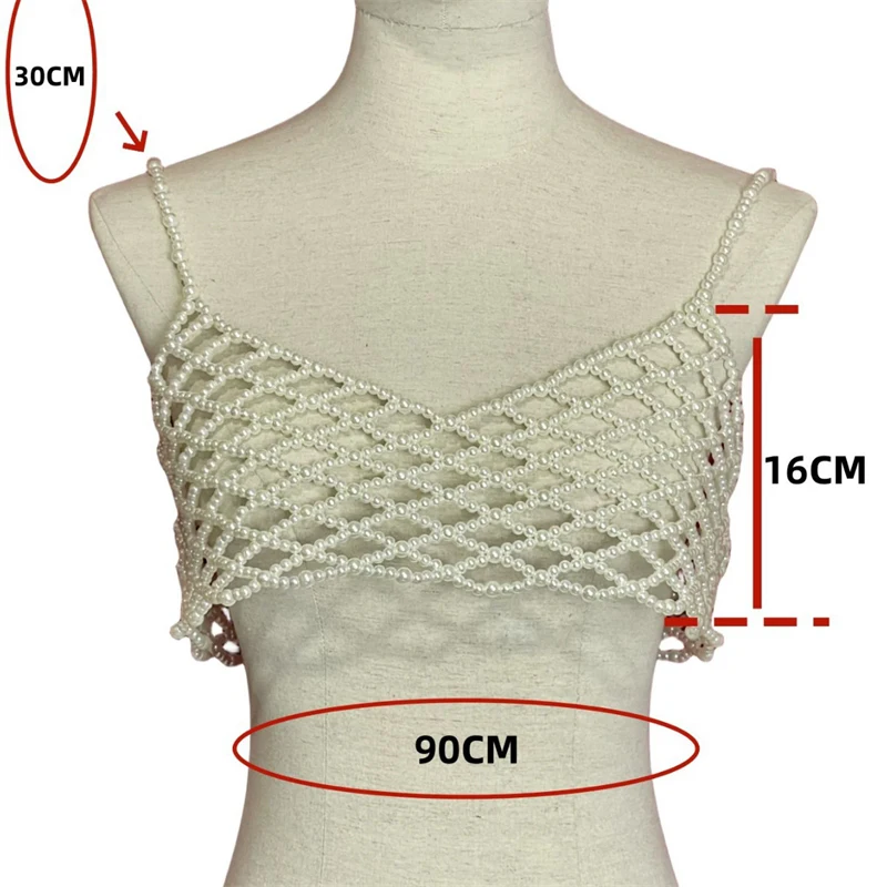 Handgefertigtes Perlen-Cami-Top für Damen, weißes Perlen-Bralette-Crop-Top, Spaghettiträger, Mesh-Bustier, Sommerparty, Strand, Oversize-T-Shirt – Detail 10
