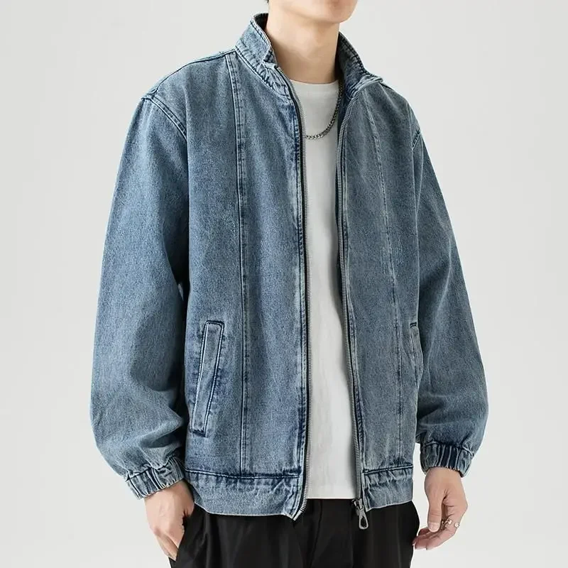 

Zip V Men's Denim Jacket Autumn Male Jean Coats Blue Wide Shoulders Lxury Joker Worn Loose Korea Korean Popular Clothes Cowboy G