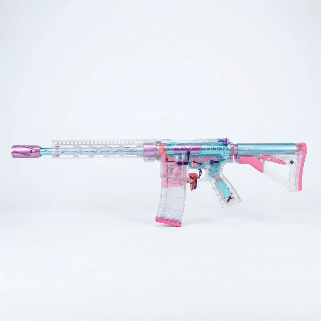 Custom M4 Ball Blaster Style Gel See Through Receiver with Blue Pink Accents High Speed Automatic Toy Rifle for Shooting Games