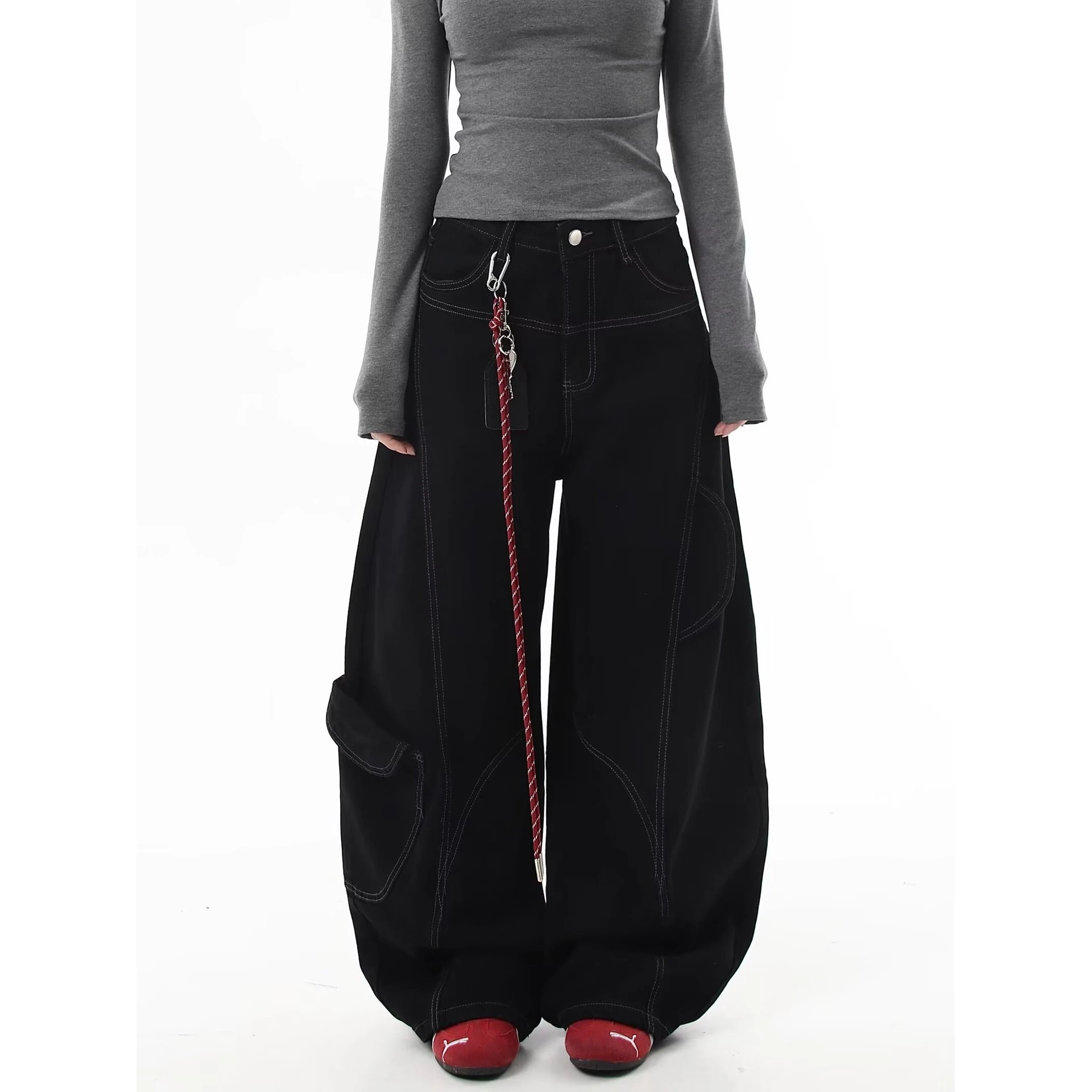 American Retro Dashed Line Deconstructed Multi-Pocket Unisex Casual Long Pants Drawstring Decor Loose Knife Denim Jeans