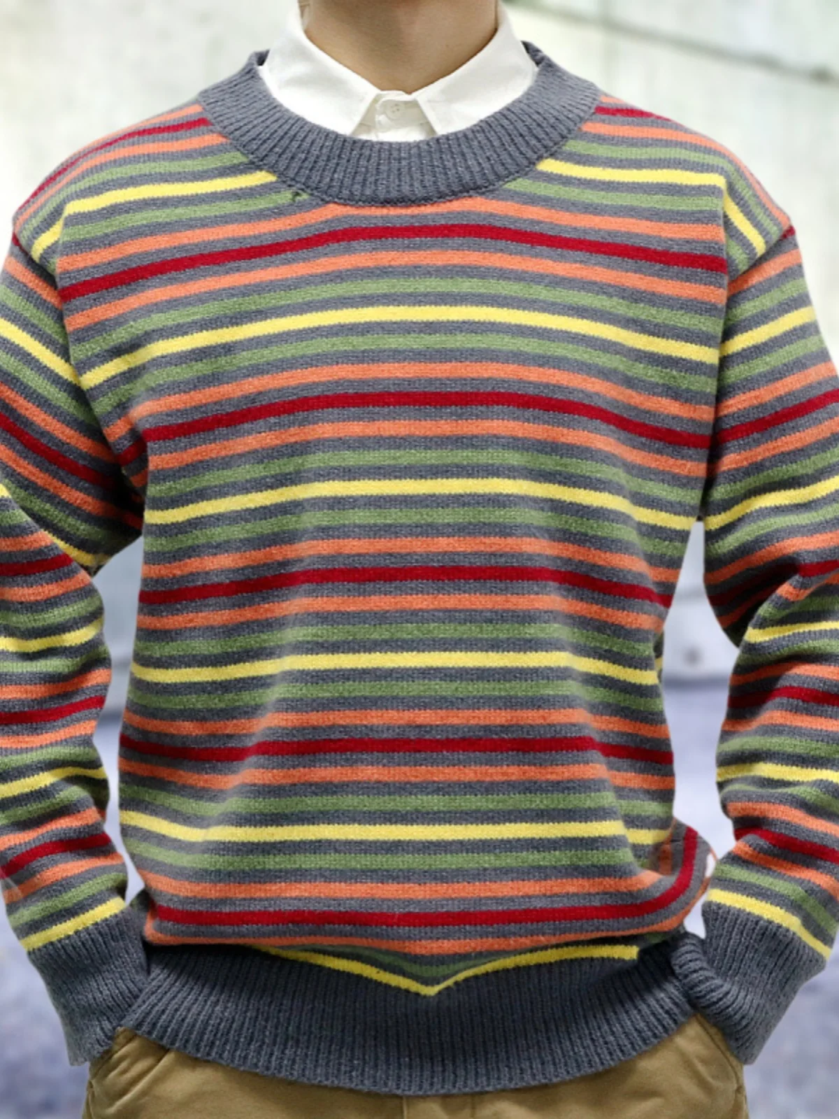 

Men's Rainbow Stripe Knitted Sweater Autumn Winter Long Sve round Ne Basic Fit Casual Straight Jacquard Knitwear