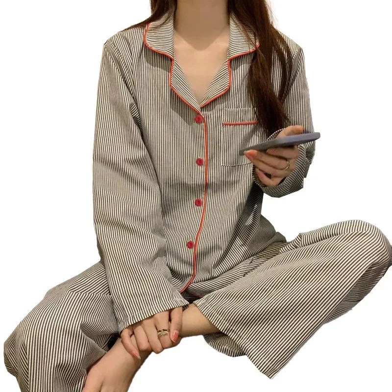 2PCS/Set Women's Long Sleeve Loose Breathable Student Sleepwear Loungewear Cardigan Gray Striped Girl Fashion Pajamas Homewear image 6