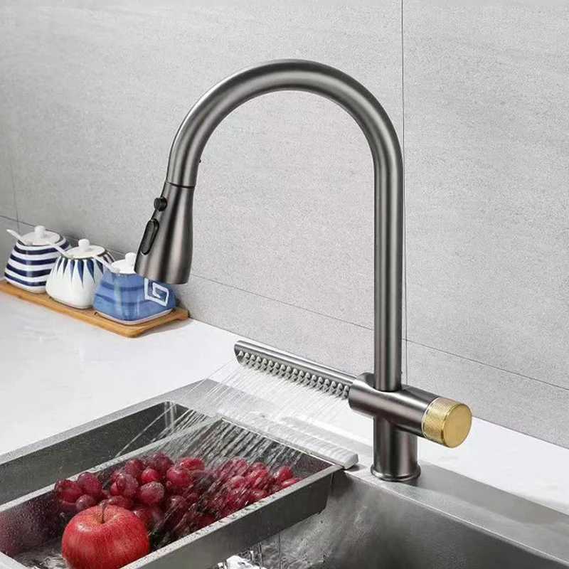 Gun Metal Stainless Steel Stylish Adjustable 360° Rotatable Waterfall Kitchen Sink Pull Out Faucet With Rainfall Sprayer