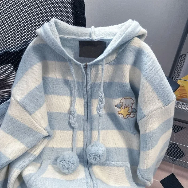 Cinnamoroll Sweater Miniso Blue Stripe Thickening Loose Coat Autumn Winter New Comfortable Versatile Hooded Knitting Cardigan