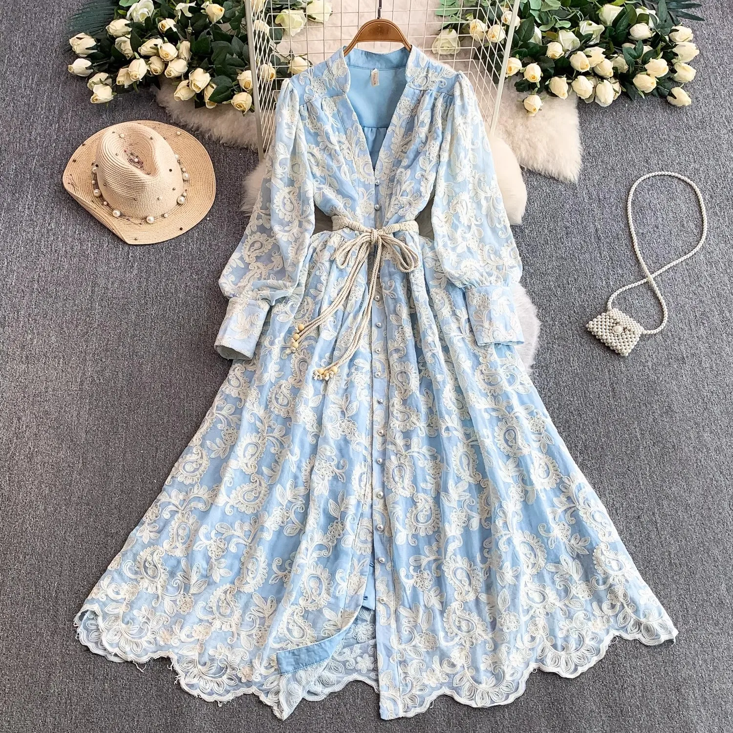 

Summer Autumn Floral Embroidery Lace Sashes Wedding Dress Women's Lantern Sleevn Bridesmaids Party Vestidos Female Long Robe
