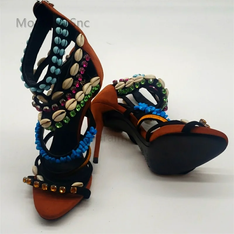 Retro Ethnic Style Shell Stiletto Women's Sandals High Heels Open Toe Back Zipper Mixed Colors Summer Catwalk Party Shoes