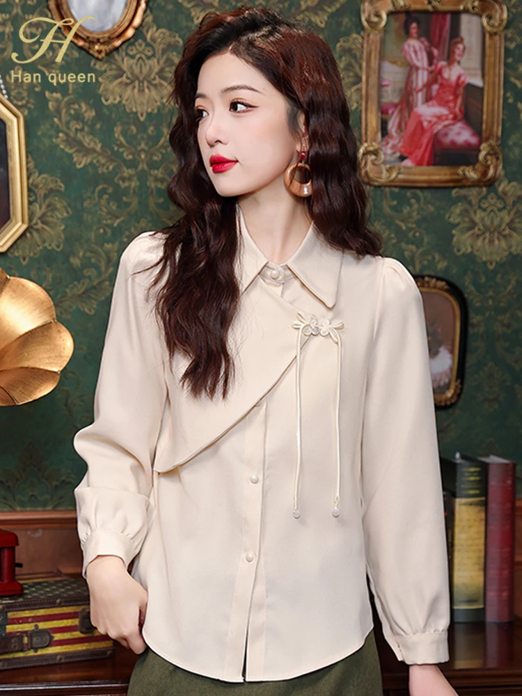 H Han Queen Spring Autumn Turn-Down Collar Vintage Long Sleeve Tops Elegant Blouses Loose Chiffon Casual Shirts Women Clothes