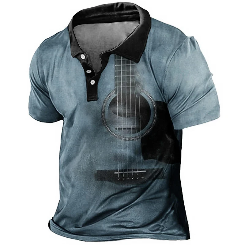 Vintage Guitar Print Summer Men\'s Button Down Collar Polo Shirt Casual Short Sleeve Oversized Tops Fashion Sportwear Men Clothes