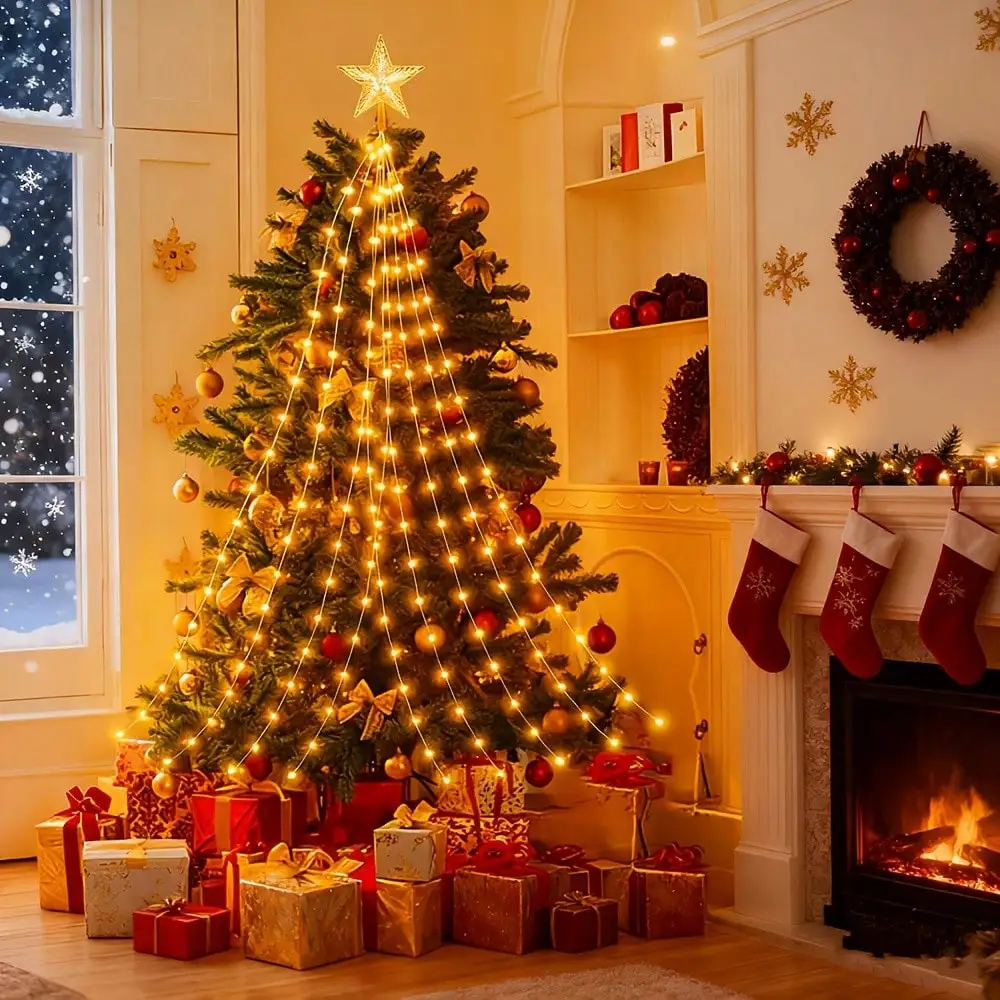 Solar Five-Pointed Star Waterfall Light: 210LED 6.56Ft 8 Modes, Multi/Warm Color Outdoor Xmas Decor