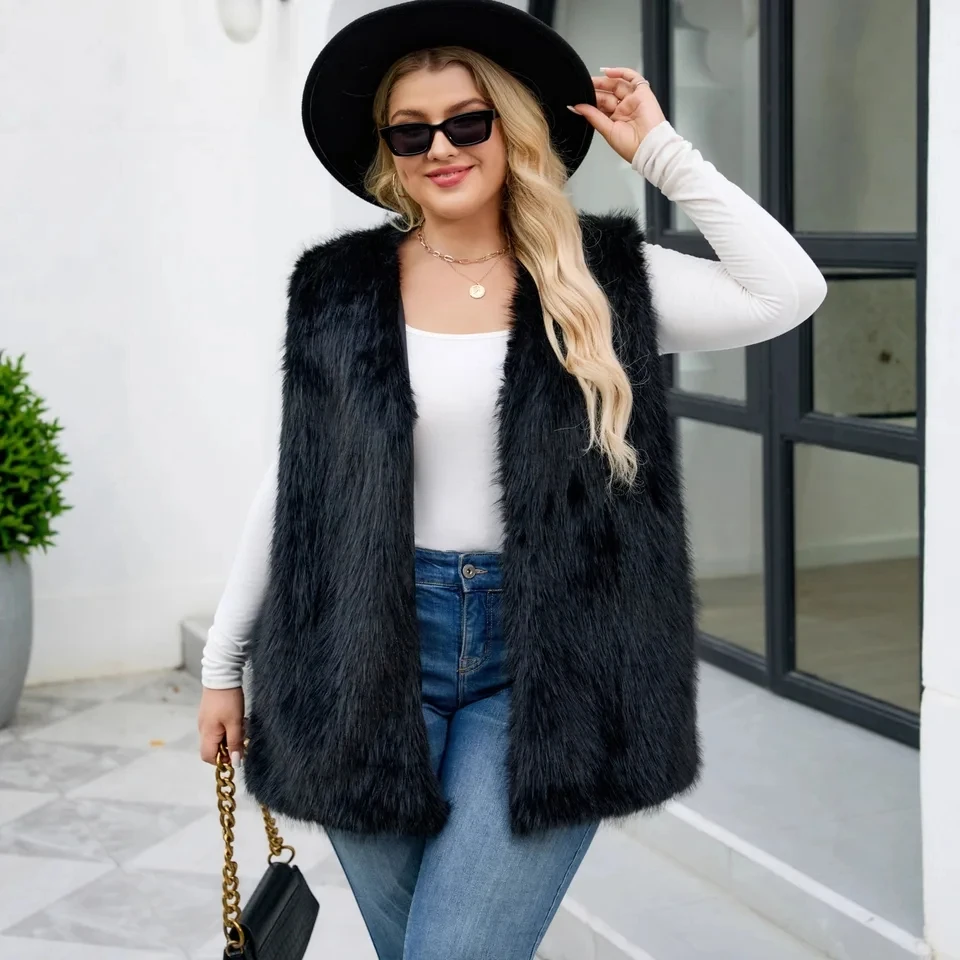 

2025 New Black V Neck Faux Fur Sleeveless Warm Vest Women Fashion Inner Layer Single Item Multiple Colors Available