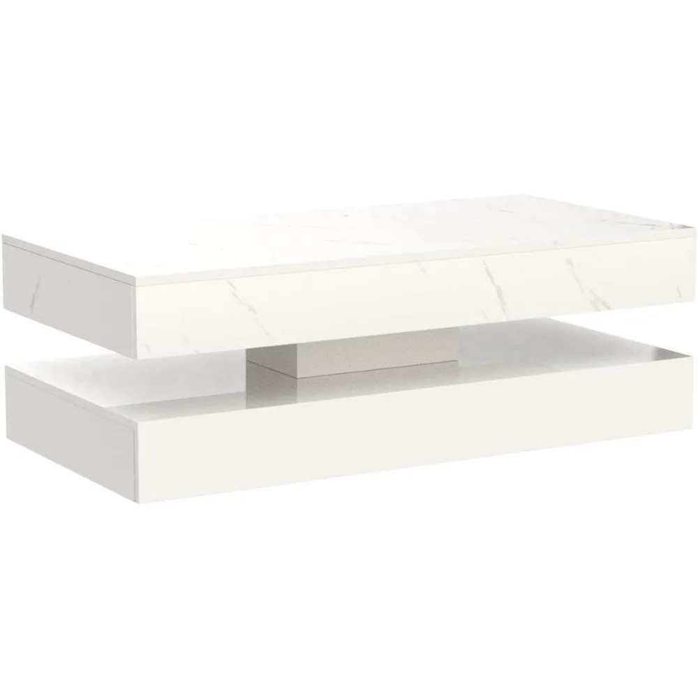 Mesa de centro con LED, moderna mesa de centro blanca de alto brillo con 2 cajones de almacenamiento, mesa de centro rectangular de 2 niveles