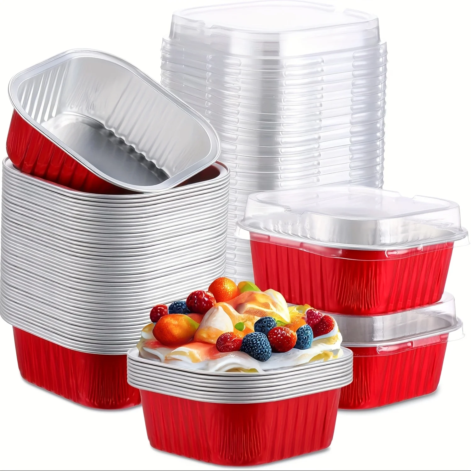 

150pcs Red 10oz Mini Baking Pans with Lids - Disposable Aluminum Foil Square Cups for Cupcakes, Brownies, Muffins
