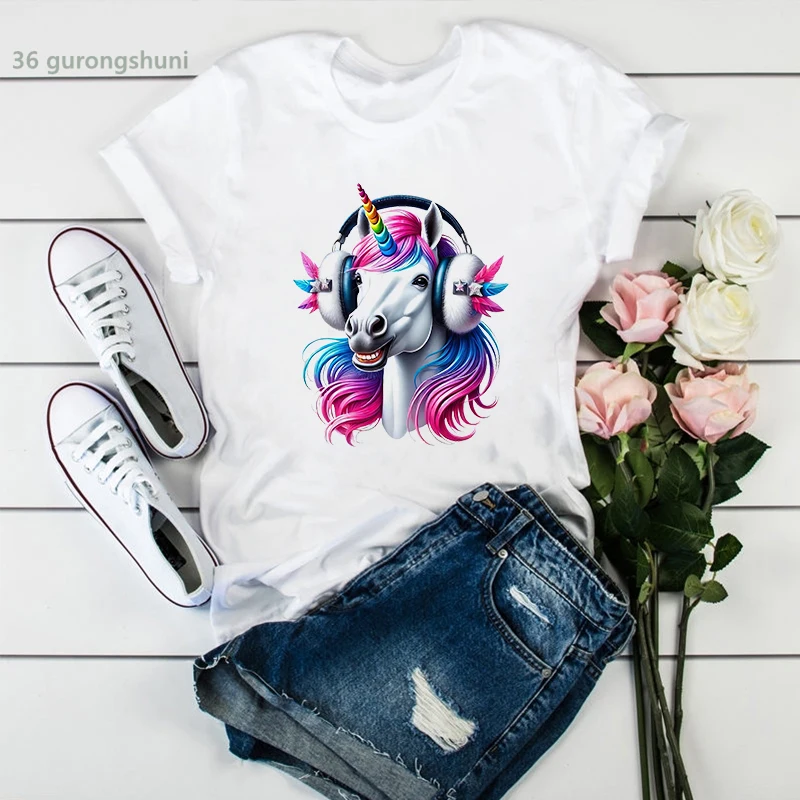 Rainbow Unicorn Blow Bubbles Printed T Shirt Girls Harajuku Kawaii Clothes Funny Tshirt Women Summer Short Sleeve T-Shirt Female