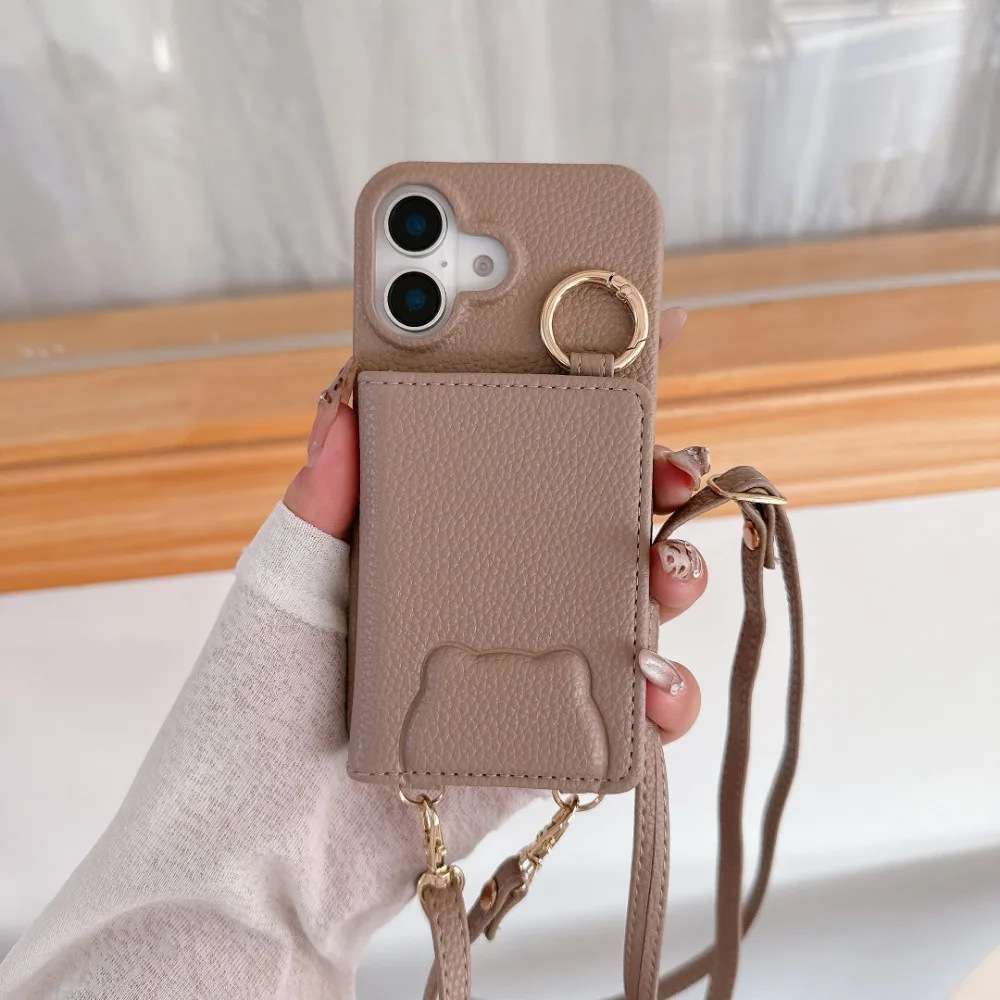 

Crossbody Leather Ring Stand Phone Case for IPhone 13 12 Mini 16 15 Plus 14 11 Pro Max Mirror Wallet with Card Holder Cover