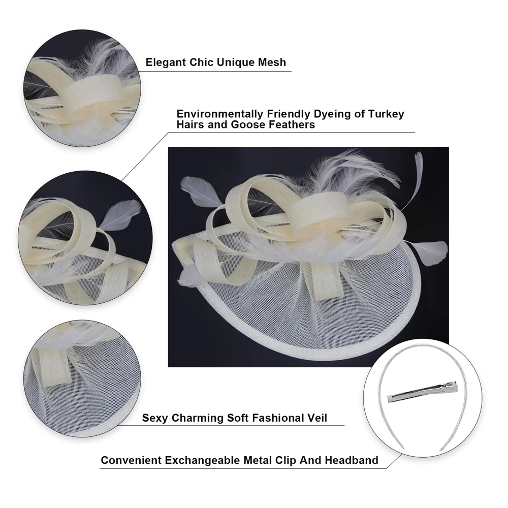 Neue Charmante Fascinator Feder Hochzeit Tropfen Mesh Hut Blume Braut Cocktail Tee Party Kopfbedeckung Frauen Hut Stirnband Haar Zubehör – Detail 4