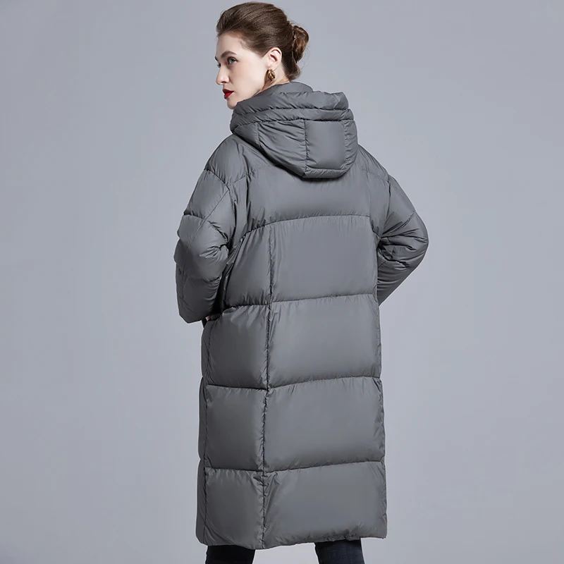 Piumino da donna con cappuccio extra lungo, giacca trapuntata imbottita in piuma grigia con tasche frontali Polsini regolabiliParka invernale oversize