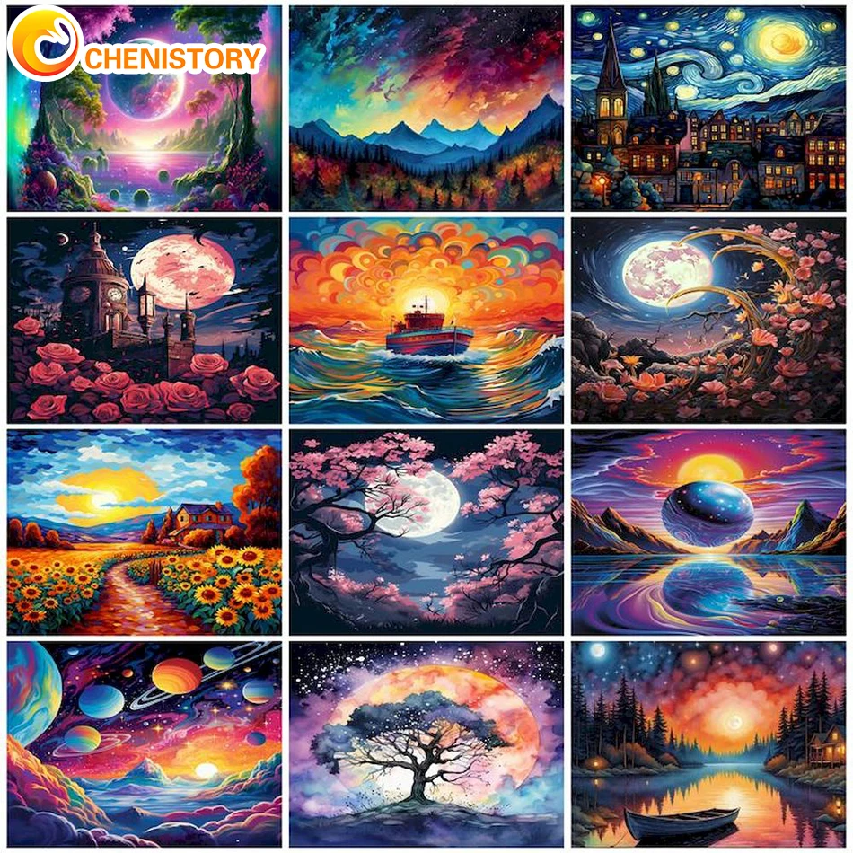 CHENISTORY Diy Oil Painting By Number Kits Lunar Starry Sky Picture By Number Scenery Drawing On Canvas HandPainted Home Decor