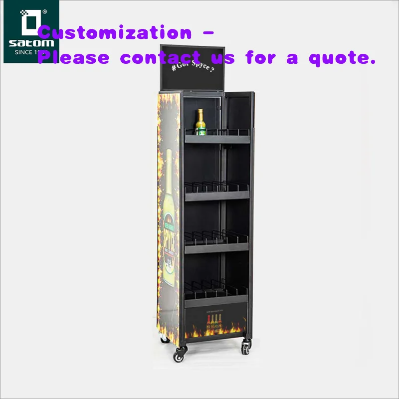 custom.Custom Standing Metal Stand Cabinet With Wheels Chili Sauce Beverage Drink Hot Product Bearing Heavy Duty Wheel Displ