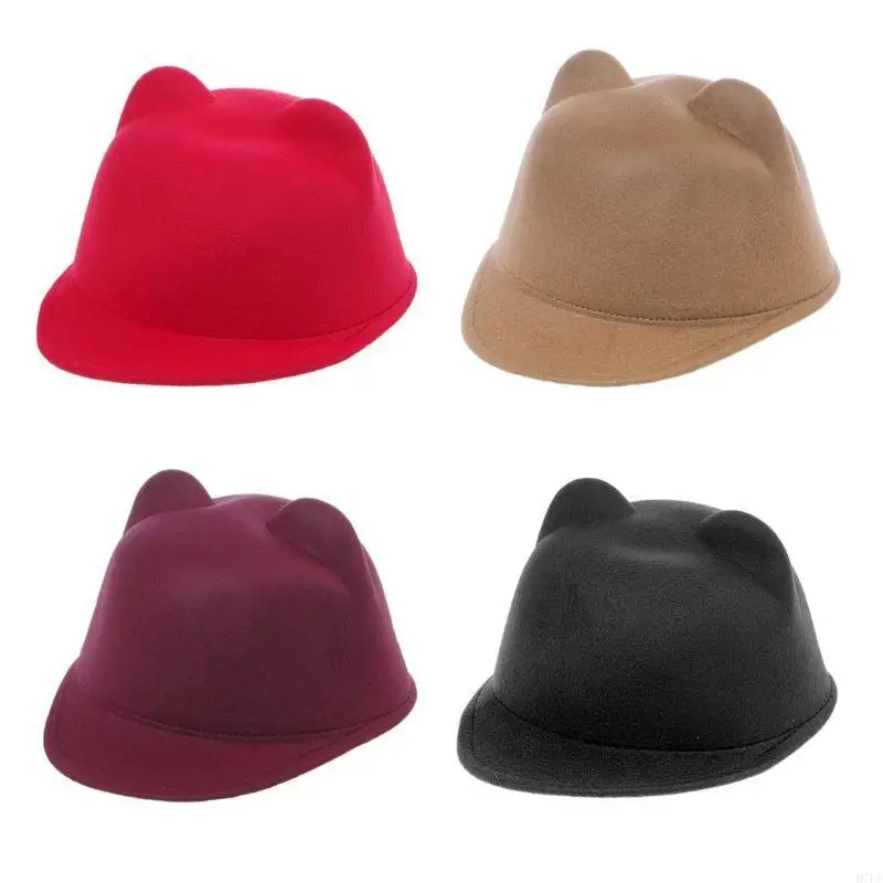 

New Winter Women Girl Wool Derby Devil Hat for Cat Ears Bowler Cap H7EF