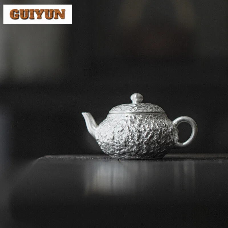 

90ml Handamde 999 Sterling Silver Gilded Ceramic Teapot Literati Small Stone Spoon Tea Pot Hammer Tea Brewing Kettle Kung Fu Set