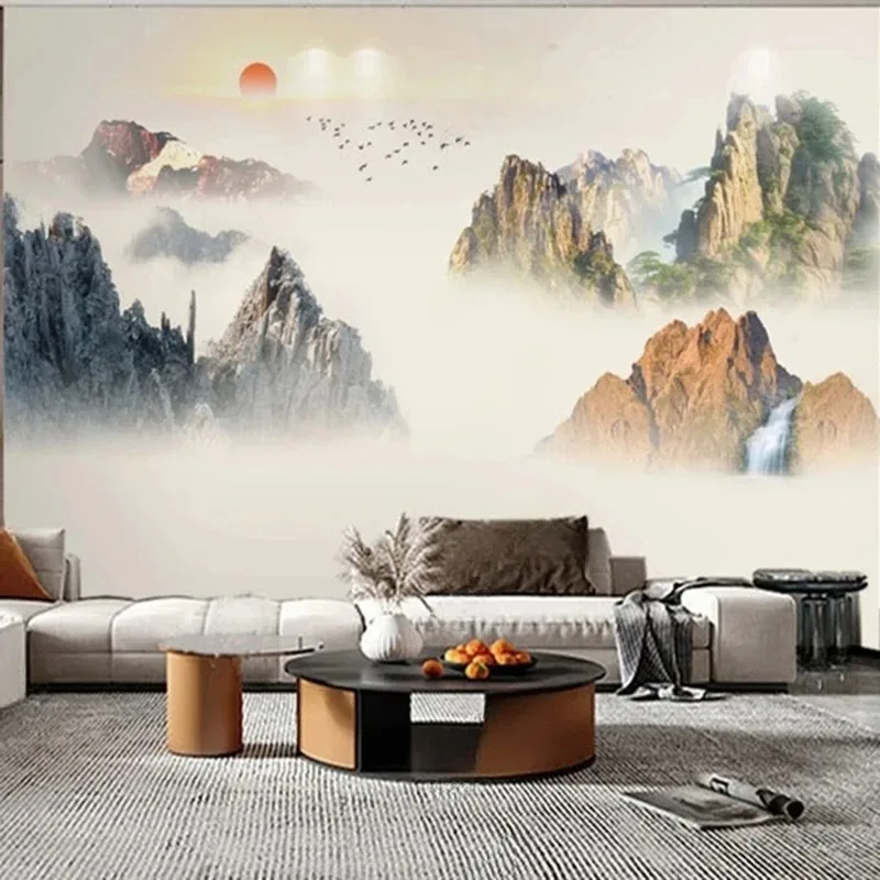 

New Chinese Style Background Wallpaper Mountain Sunset Landscape Mural Wall Papers Canvas Art Print Elegant 3D Wall Décor