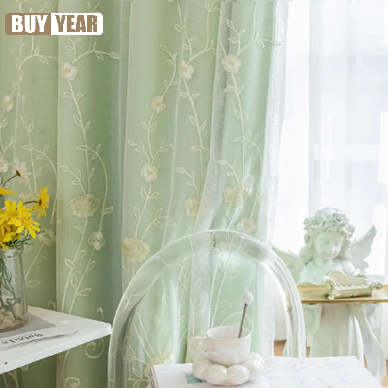 Double-layer Full Blackout Curtains Tulle for Living Room Bedroom High-grade Atmospheric Sunshade Cloth Matcha Window Decor