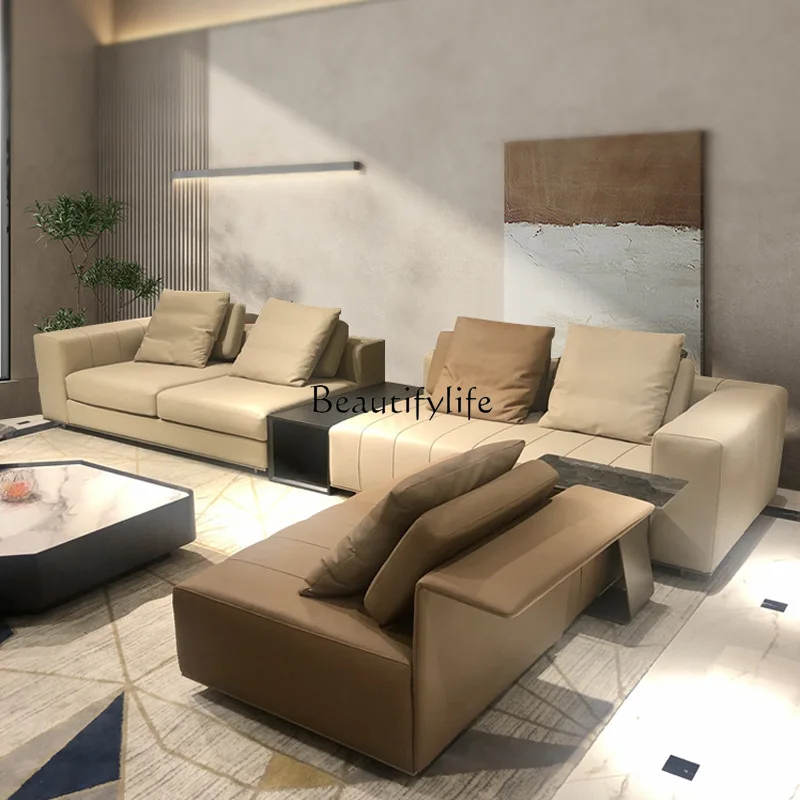 

Italian minimalist piano key leather sofa large flat high-end corner L-shaped leather sofa
