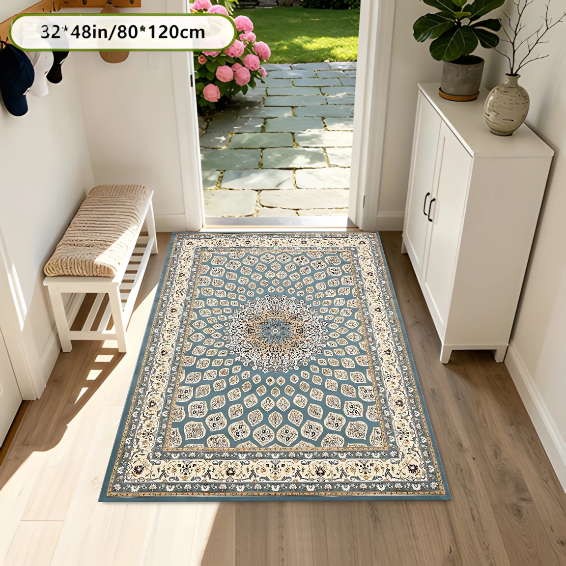 2D Carpet with Mist Blue Retro Persian Symmetrical Pattern in Retro Light Luxury Style for Living Room, Bedroom, Coffee Table Area