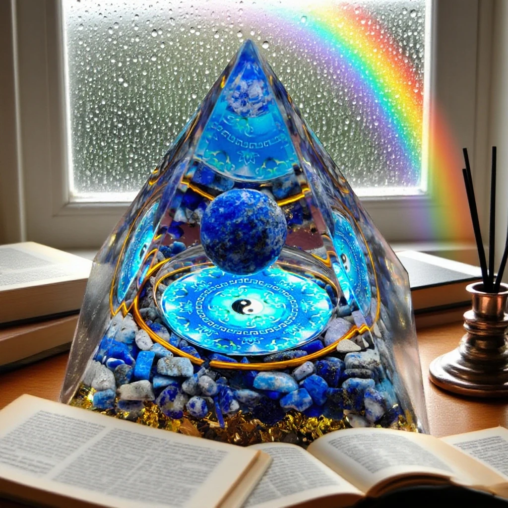 اللازورد الطبيعي الأزرق يين يانغ تاي تشي أورجون الهرم الحلي الزخرفية، كريستال الطاقة شفاء الحلي