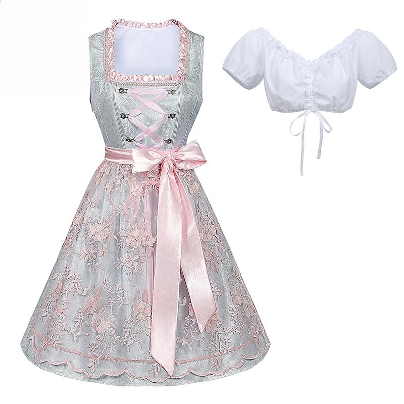 

Oktoberfest Costume Women's Bavarian Printed Dress - Lace-Up Maid Outfit German Traditional Dirndl Festival Party Fancy Dress