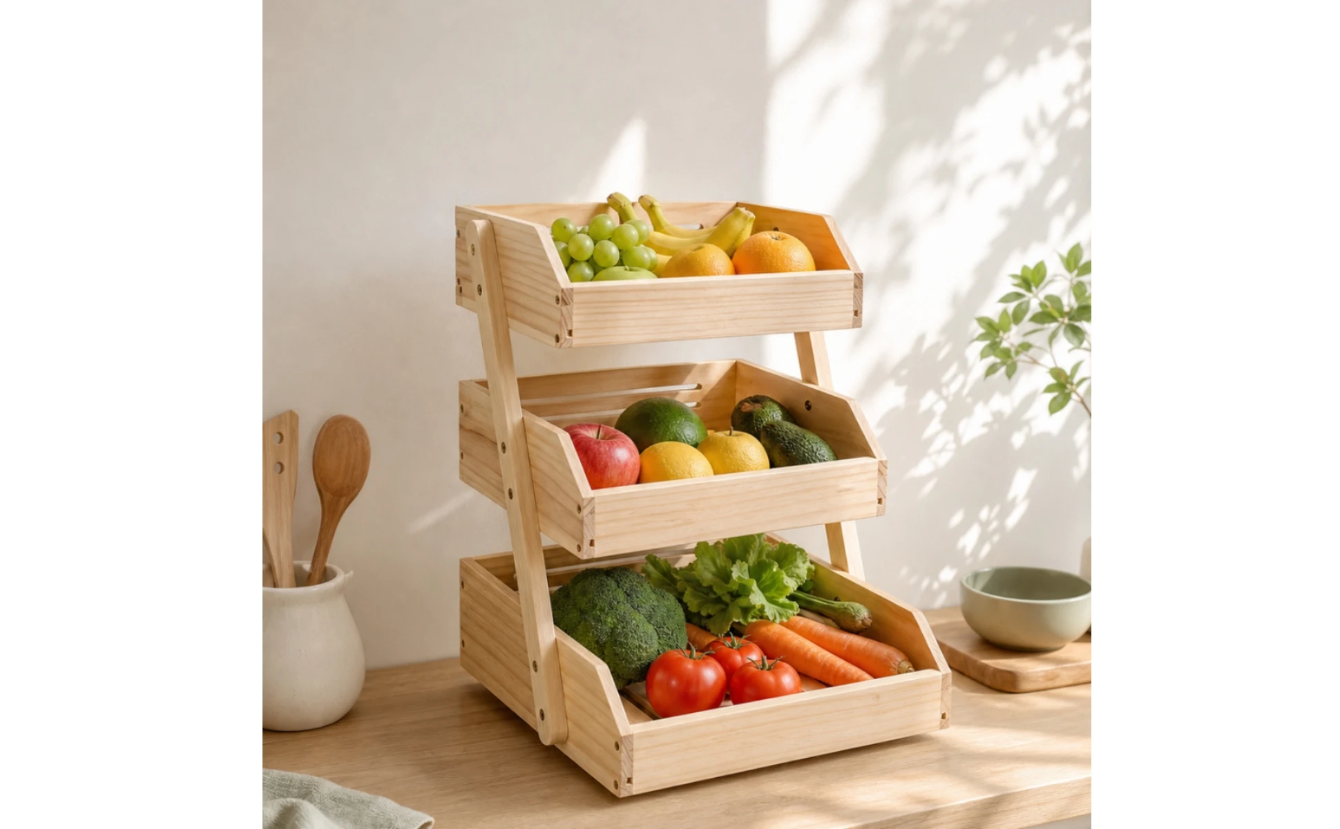 Kitchen Countertop Organizer Ventilated Kitchen Rack with Trays Wooden Storage Rack Open-Front Countertop Organizer Space-Saving