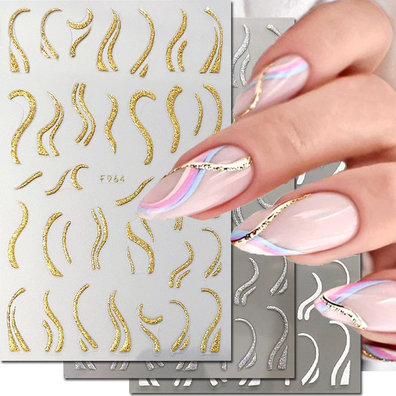 3d Nail Art Gold Glitters French Swirl Strip Star Heart Adhesive Sliders Nails Stickers Accessories For Decorations Tips Beauty